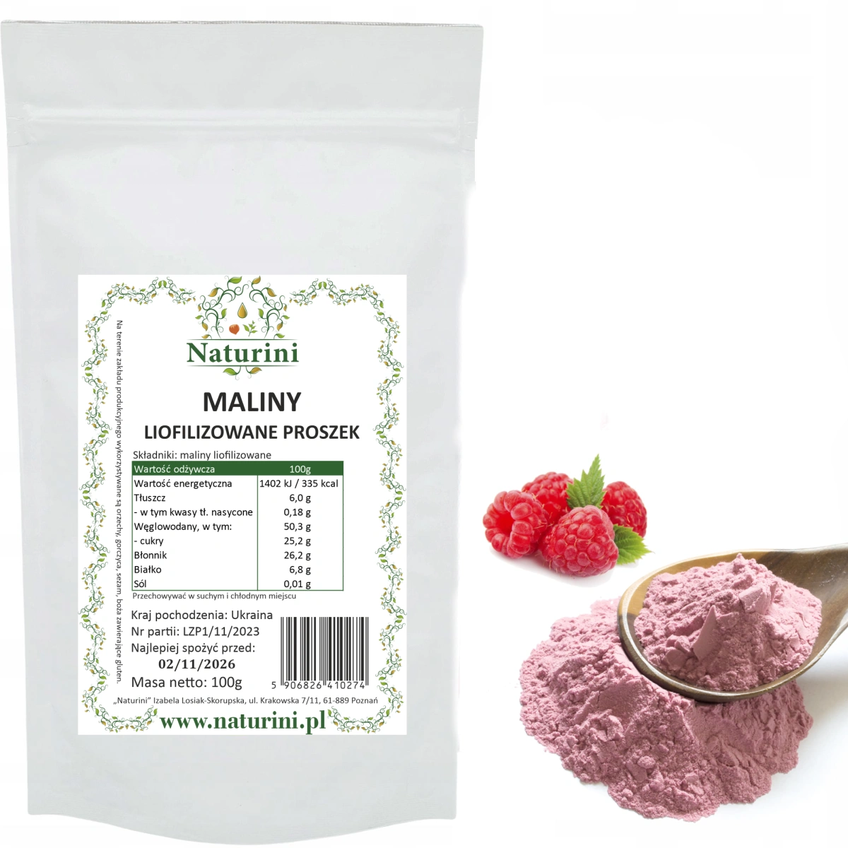 maliny liofilizowane proszek Naturini